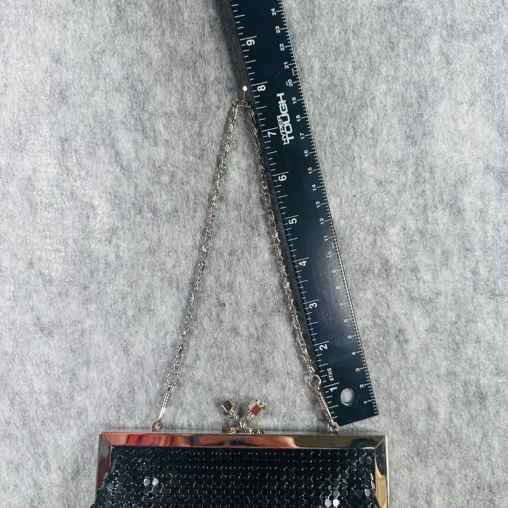 1990s Black Sequin Mesh Clutch Purse With Silver Chain Strap & Kiss Lock Closure
